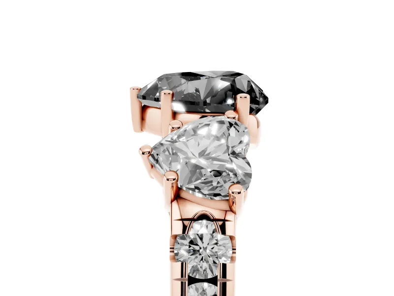 Fancy Black Heart Cut Diamond Three-Stone Ring Set in Rose gold with Pavé Band