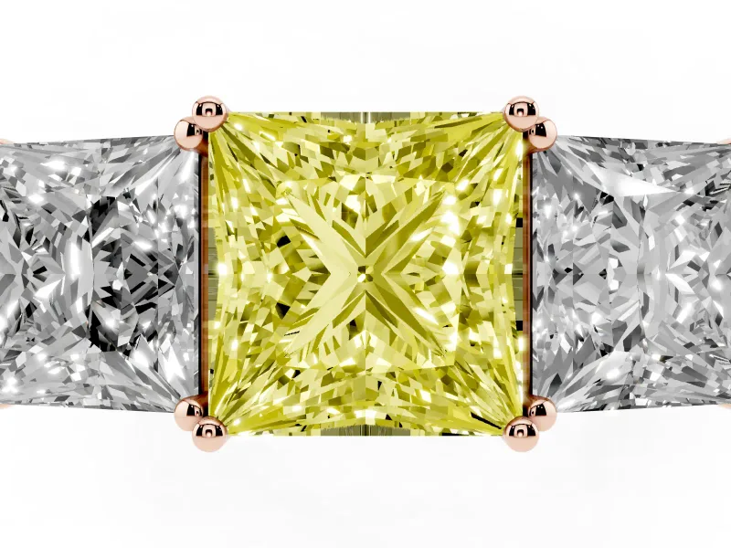 Princess Cut Three Stone Engagement Ring Setting for a Fancy Yellow Lab-Grown Diamond | Beaded Shoulders | Rose Gold