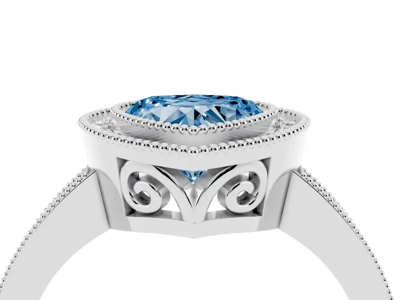 Fancy Blue Heart Cut Diamond Halo Ring Set in White gold with Pavé Band and Milgrain-Edged Prongs