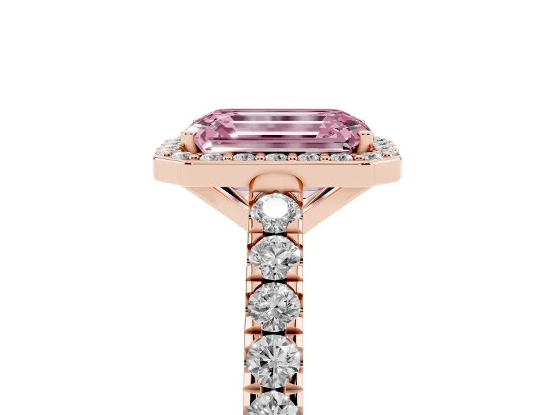 Fancy Pink Emerald Cut Diamond Halo Engagement Ring Set in Rose gold with Pavé Band and Prong Setting