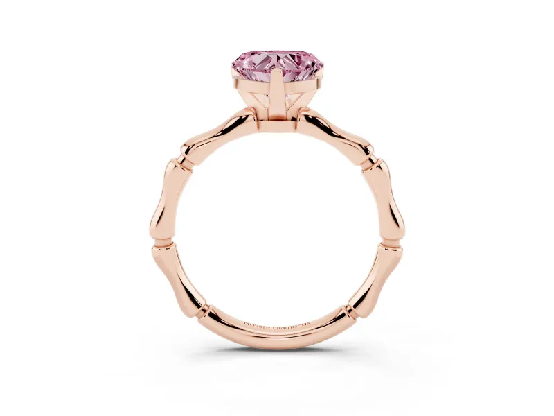 Fancy Pink Heart Cut Diamond Solitaire Ring Set in Rose gold with Bamboo Band and Prong Setting