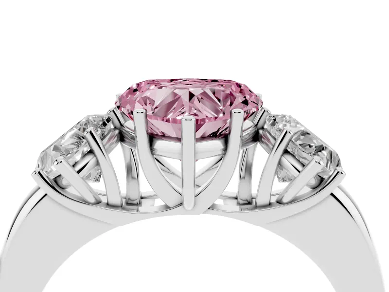 Fancy Pink Heart Cut Diamond Three-Stone Ring Set in Platinum with Bold Center and Classic Band