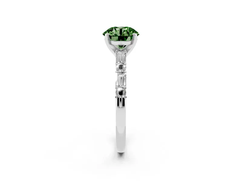 Fancy Green Round Cut Diamond Solitaire Set in Platinum with Side Baguettes and Channel Set Band