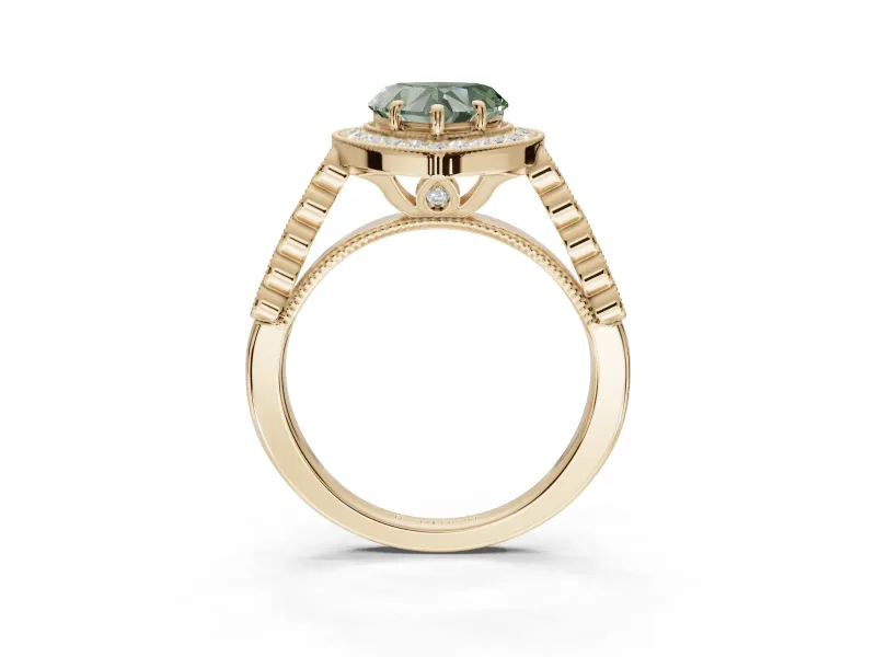 Fancy Green Heart-Shaped Lab-Grown Diamond Milgrain Halo Solitaire Ring Set in Yellow Gold with Bezel Set Side Stones and Pavé Band