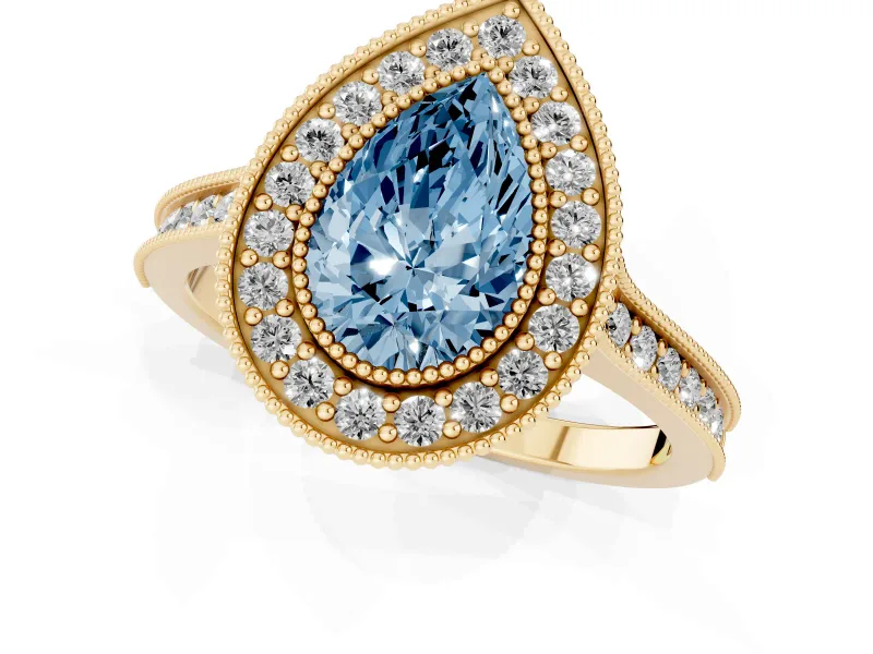 Pear-Shaped Vintage Milgrain Halo Engagement Ring Setting for a Fancy Blue Lab-Grown Diamond | Bezel Head | Yellow Gold