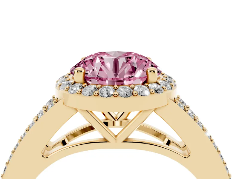 Round Halo Engagement Ring Setting for a Fancy Pink Lab-Grown Diamond | Pave Split Shank | Yellow Gold