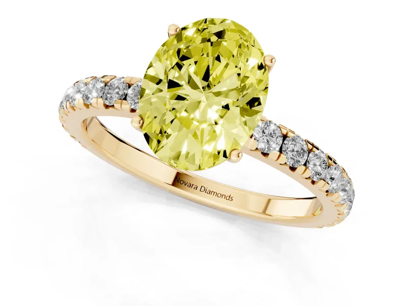 Oval Pave Solitaire Engagement Ring Setting for a Fancy Yellow Lab-Grown Diamond | Shared Prong Band | Yellow Gold