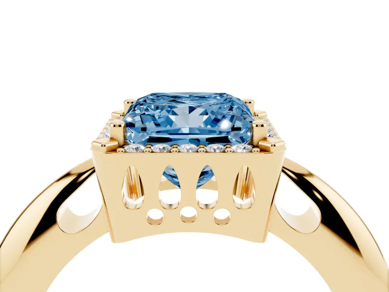 Fancy Blue Princess Cut Diamond Halo Engagement Ring Set in Yellow gold with Plain Split Shank and Prong Setting