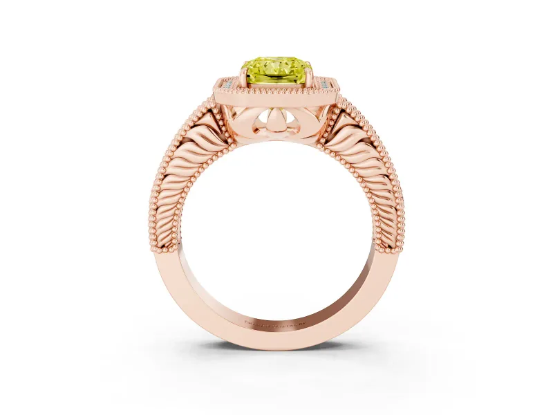 Fancy Yellow Radiant Cut Diamond Halo Ring Set in Rose gold with Round Accent Halo, Pavé Band and Prong Setting