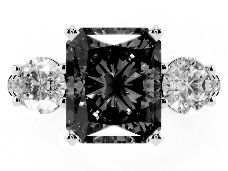 Fancy Black Three-Stone Radiant Cut Diamond Pavé Band Ring Set in White gold with Prong-Set Trio