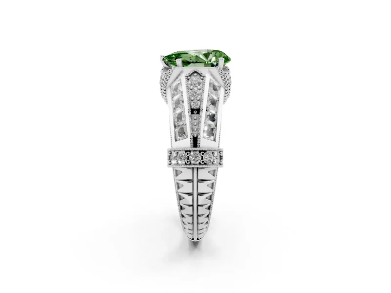 Fancy Green Pear Cut Diamond Vintage-Inspired Milgrain Ring Set in Platinum with Accent Split Shank