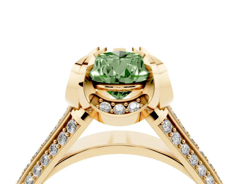 Fancy Green Pear Cut Diamond Pavé Split Shank Solitaire Ring Set in Yellow gold with Prong Setting