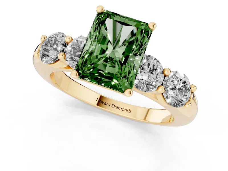 Radiant Cut Five Stone Engagement Ring Setting for a Fancy Green Lab-Grown Diamond | Prong Set Side Stones | Yellow Gold