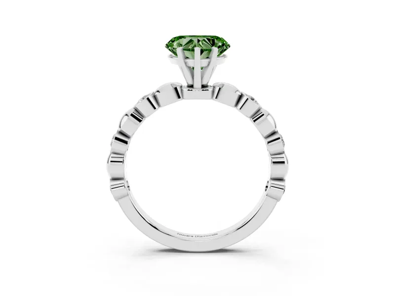 Fancy Green Heart Cut Diamond Solitaire Ring Set in White gold with Bezel-Set Accents on Beaded Band and Prong Setting