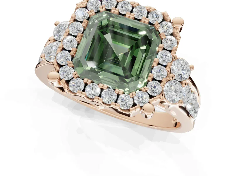 Asscher Cut Halo Engagement Ring Setting for a Fancy Green Lab-Grown Diamond | Graduated Channel Band | Rose Gold