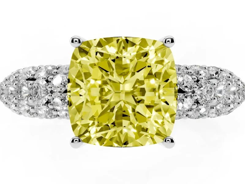 Cushion Cut Close Set Pave Engagement Ring Setting for a Fancy Yellow Lab-Grown Diamond | Multi Row | Sterling Silver
