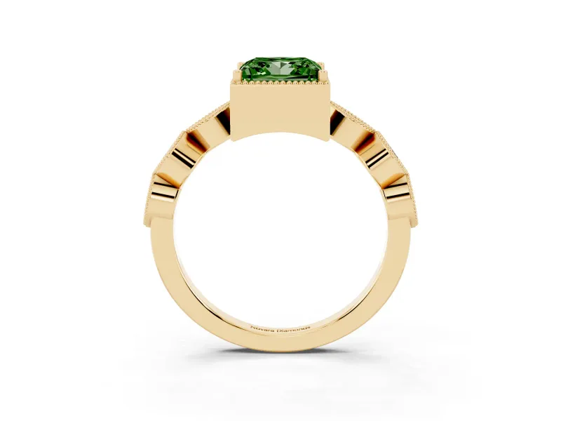 Fancy Green Princess Cut Diamond Vintage-Inspired Milgrain Ring Set in Yellow gold with Marquise Stations of Round Accents