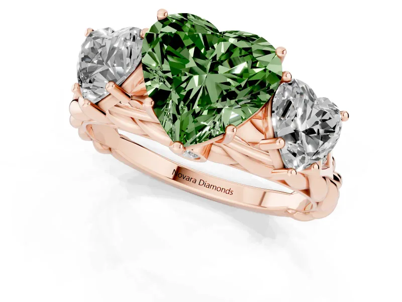 Heart-Shaped Three Stone Engagement Ring Setting for a Fancy Green Lab-Grown Diamond | Braided Band | Rose Gold