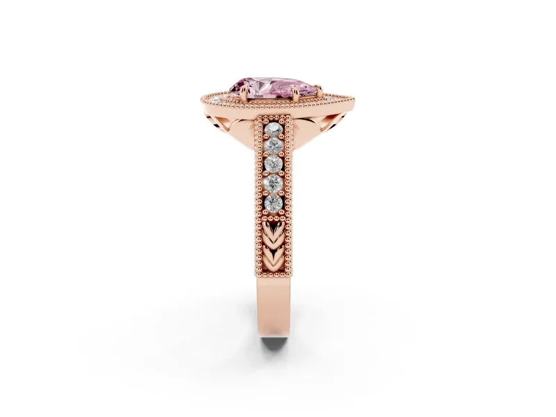 Fancy Pink Pear Cut Diamond Halo Ring Set in Rose gold with Round Accent Halo, Pavé Band and Prong Setting