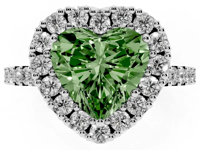 Fancy Green Heart Cut Diamond Halo Pavé Solitaire Ring Set in Platinum with Prong-Set Center Stone
