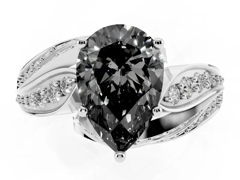 Fancy Black Pear Cut Diamond Solitaire Ring Set in Silver with Layered Twist Pavé Band