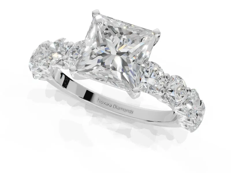 Princess Cut Side Stone Engagement Ring Setting | Scalloped Prong Accents | Platinum
