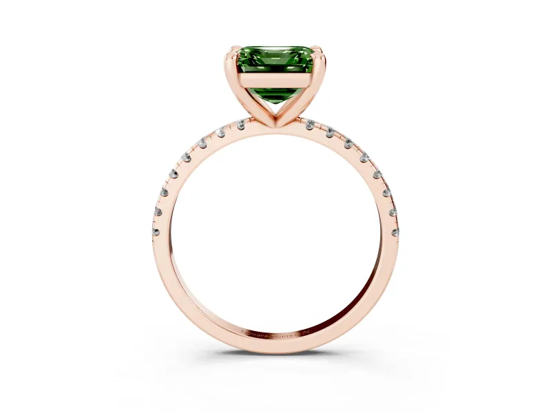 Fancy Green Asscher Cut Diamond Brilliant Solitaire Ring Set in Rose gold with Pavé Band and Prong Setting
