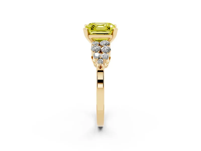 Asscher Cut Side Stone Engagement Ring Setting for a Fancy Yellow Lab-Grown Diamond | Shoulder Clusters | Yellow Gold