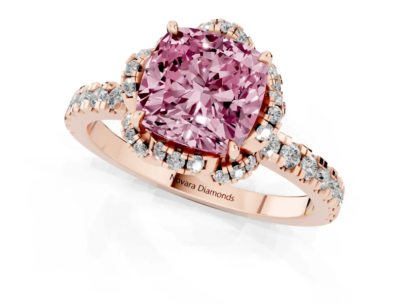 Fancy Pink Cushion Cut Diamond Halo Pavé Band Ring Set in Rose gold with Prong-Held Center