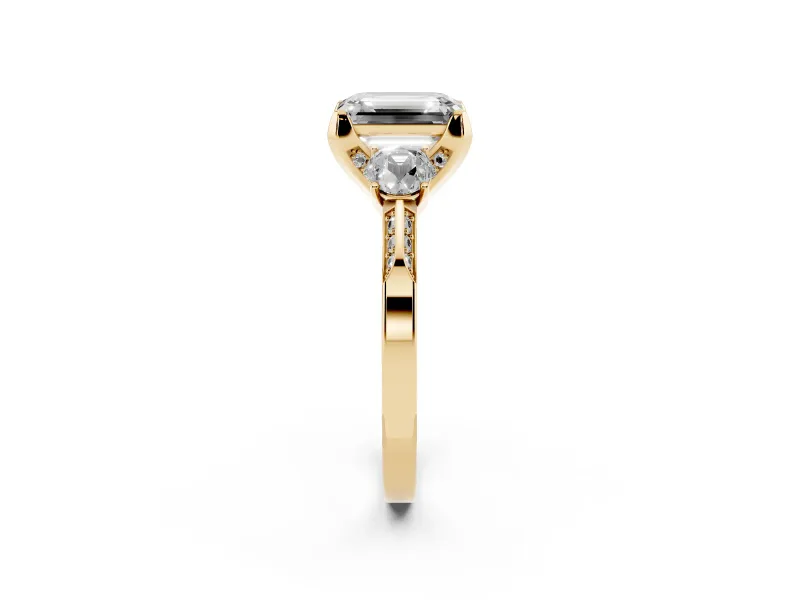 Emerald Cut Hidden Halo Three Stone Engagement Ring Setting for a Black Center | Yellow Gold
