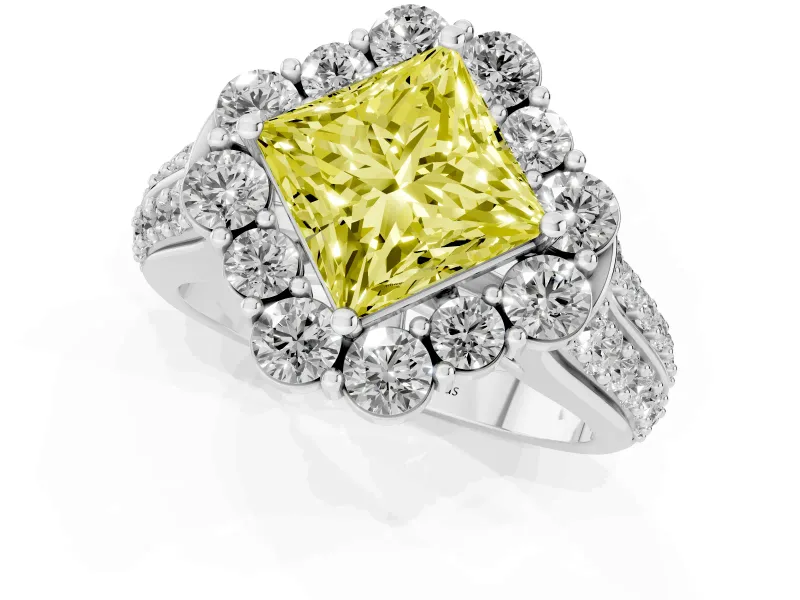 Fancy Yellow Princess Cut Diamond Halo Engagement Ring Set in Silver with Split Shank and Prong Setting
