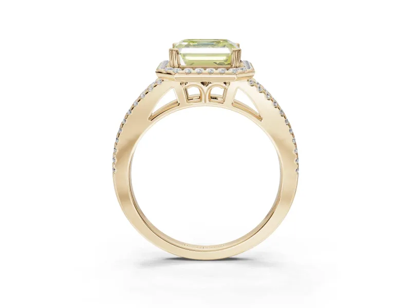 Asscher Cut Halo Split Shank Engagement Ring Setting for a Fancy Yellow Lab-Grown Diamond | Pavé Shoulders | Yellow Gold