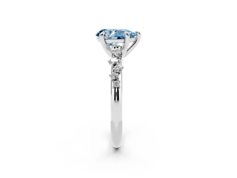 Fancy Blue Pear Cut Diamond Solitaire Vine Band Ring Set in Silver with Round Accents and Prong Setting