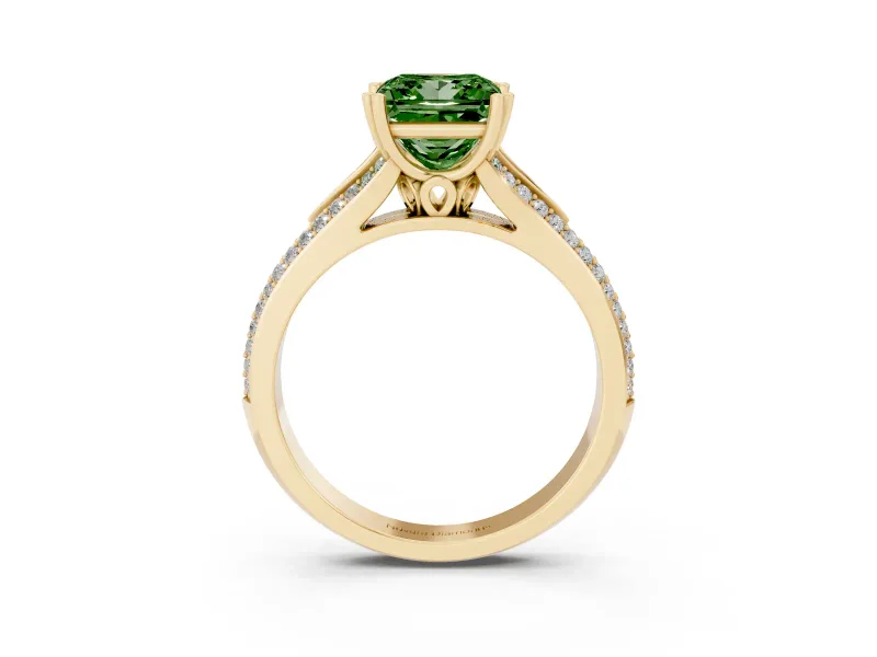 Princess Cut Split Shank Engagement Ring Setting for a Fancy Green Lab-Grown Diamond | Pave Band | Yellow Gold