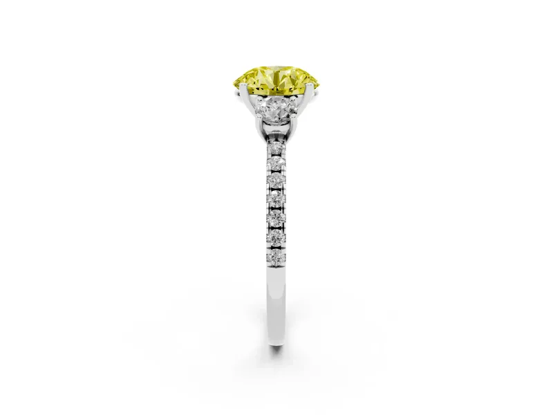 Round Three Stone Engagement Ring Setting for a Fancy Yellow Lab-Grown Diamond | Pave Shoulders | Platinum