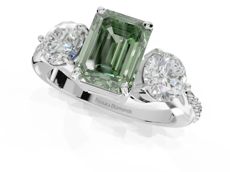 Emerald Cut Three Stone Engagement Ring Setting for a Fancy Green Lab-Grown Diamond | Tapered Pave Band | White Gold