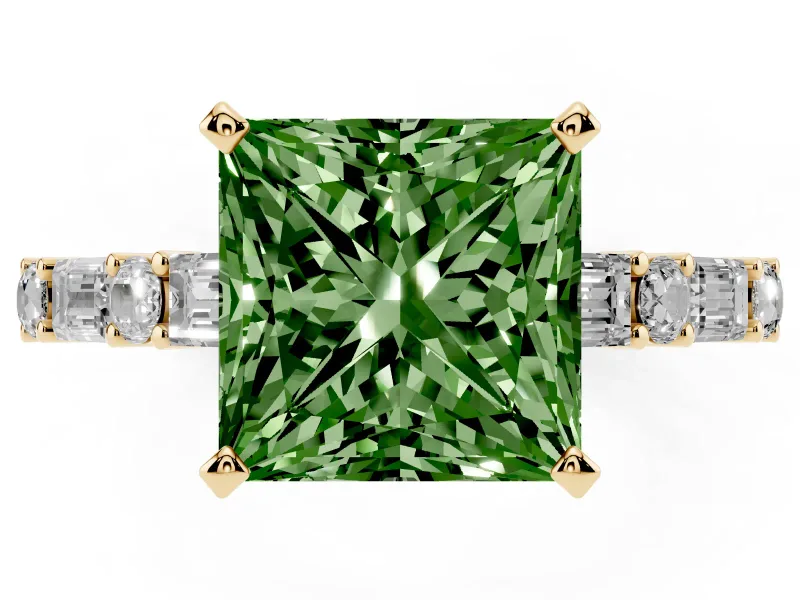 Princess Cut Baguette Side Stone Engagement Ring Setting for a Fancy Green Lab-Grown Diamond | Yellow Gold