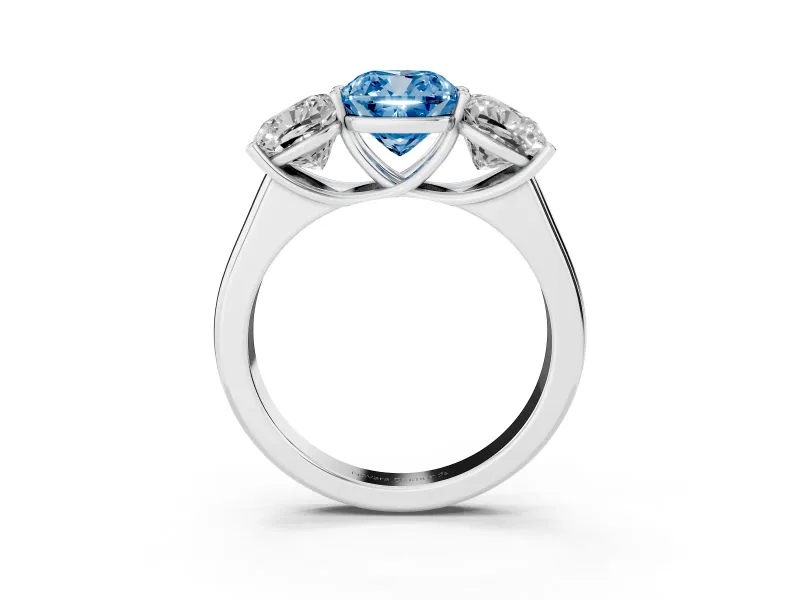 Cushion Cut Three Stone Engagement Ring Setting for a Fancy Blue Lab-Grown Diamond | Basket Prong Heads | Platinum