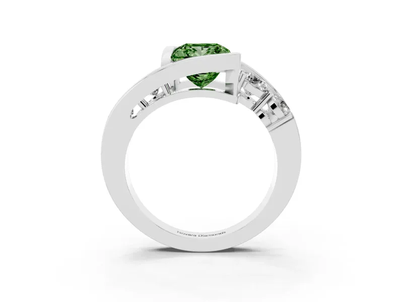 Fancy Green Princess Cut Diamond Bezel Bypass Ring Set in Silver with Round Accents
