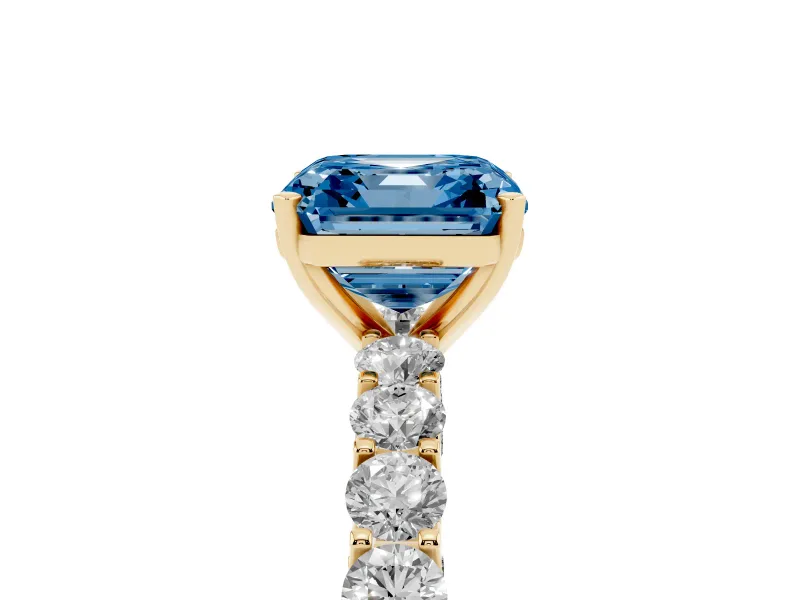 Fancy Blue Asscher Cut Diamond Solitaire Ring Set in Yellow gold with Shared Prong Pavé Band