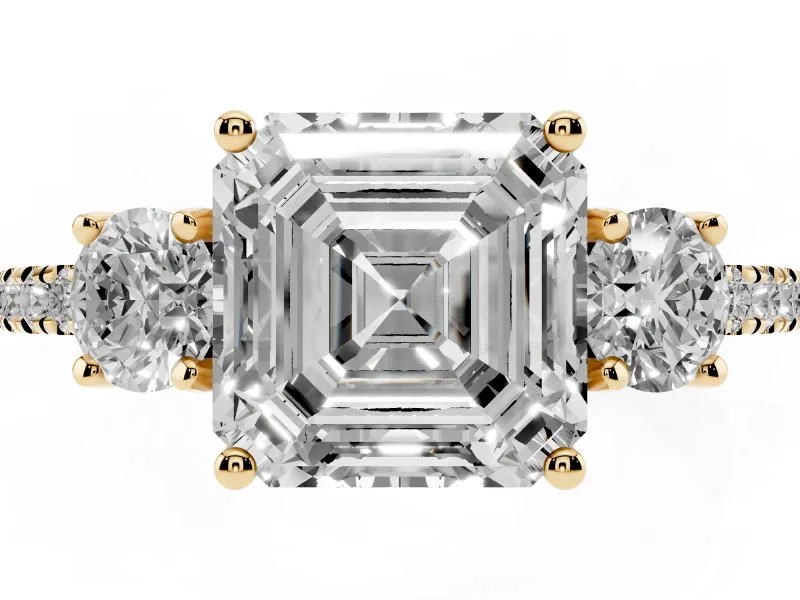 Asscher Cut Three Stone Engagement Ring Setting | Pave Shoulders | Yellow Gold
