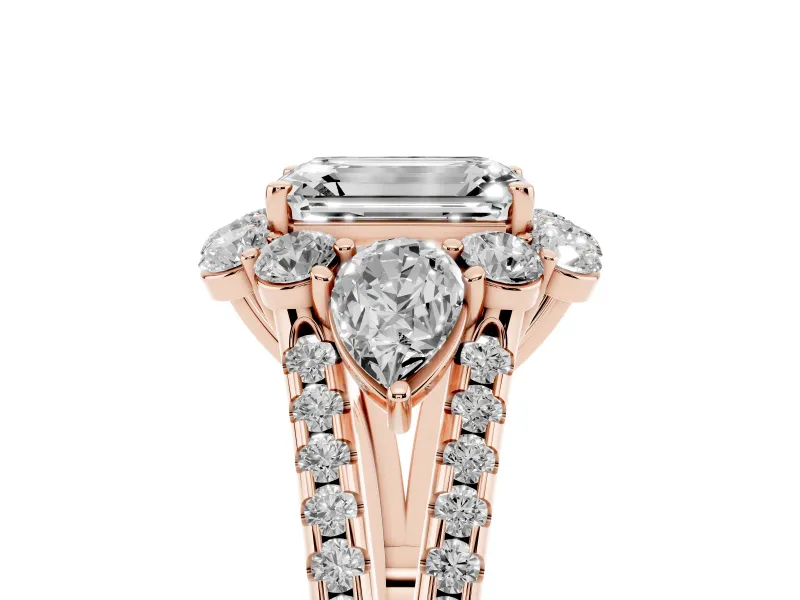 Emerald Cut Scalloped Halo Engagement Ring Setting | Pear Side Stones | Rose Gold