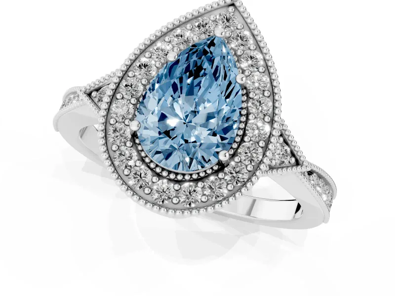Fancy Blue Pear Cut Diamond Halo Engagement Ring Set in White gold with Milgrain Pavé Band