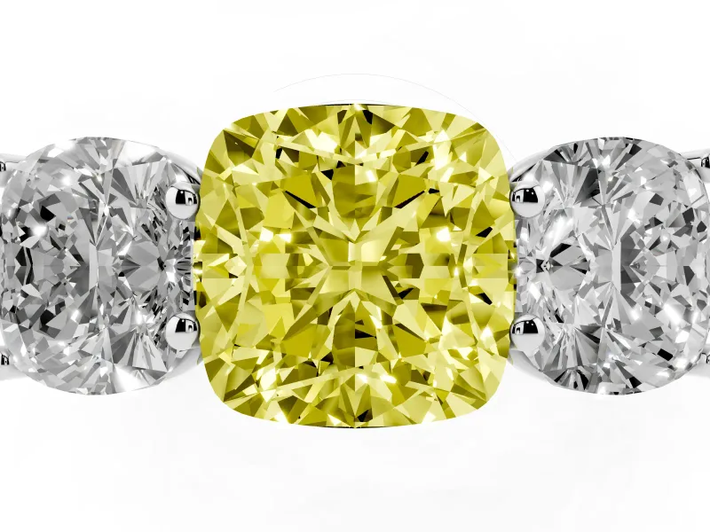 Cushion Cut Three Stone Engagement Ring Setting for a Fancy Yellow Lab-Grown Diamond | Basket Prong Heads | White Gold
