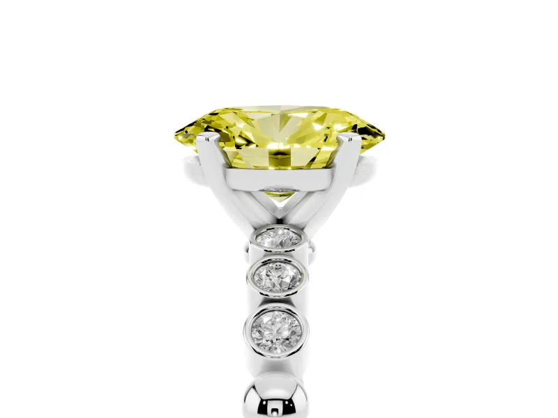Fancy Yellow Oval Cut Diamond Solitaire Engagement Ring Set in Silver with Bezel Accents on Beaded Band