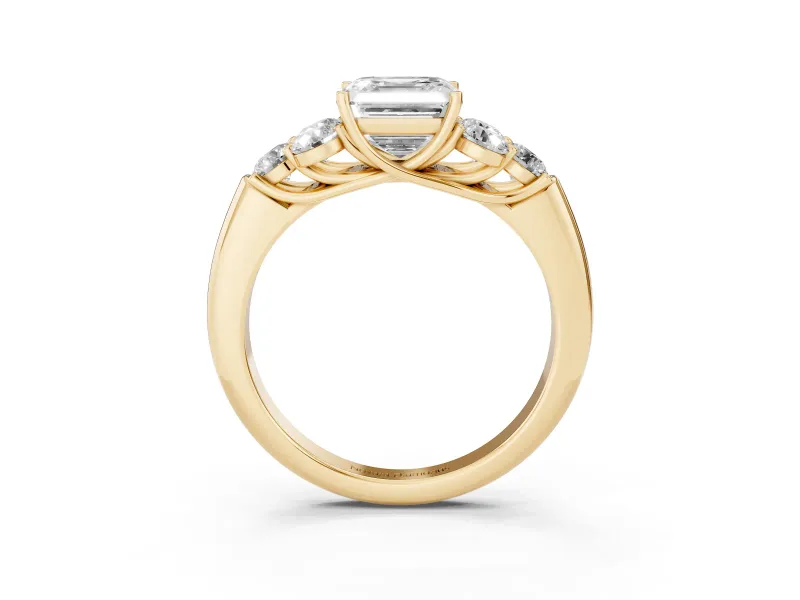 Asscher Cut Diamond Cluster Ring Set in Yellow gold with Round Accent Stones and Prong Setting on a Plain Band