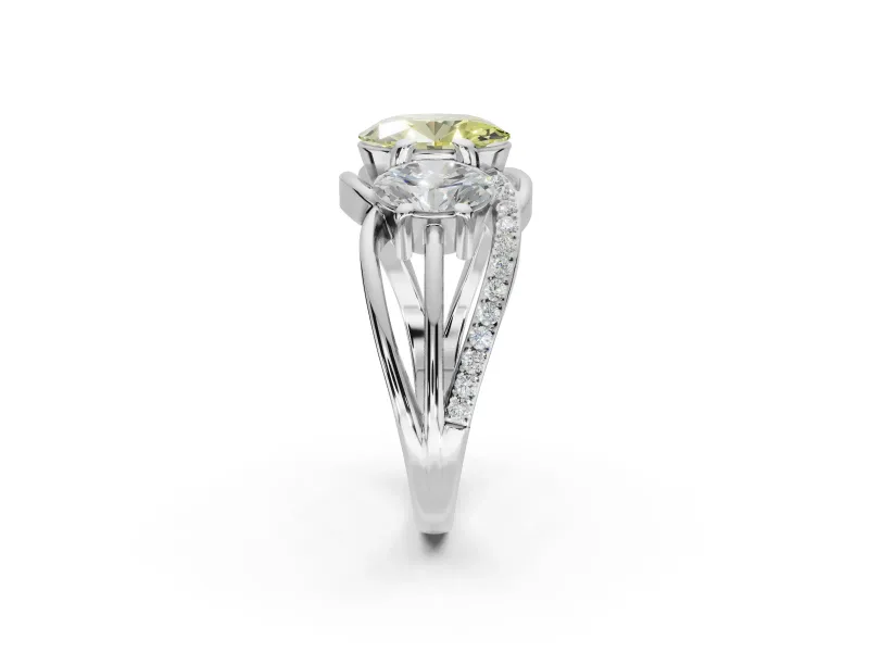 Oval Three Stone Split Shank Engagement Ring Setting for a Fancy Yellow Lab-Grown Diamond | Matching Sides | White Gold