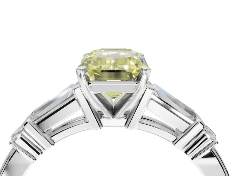 Emerald Cut Tapered Baguette Engagement Ring Setting for a Fancy Yellow Lab-Grown Diamond | Platinum