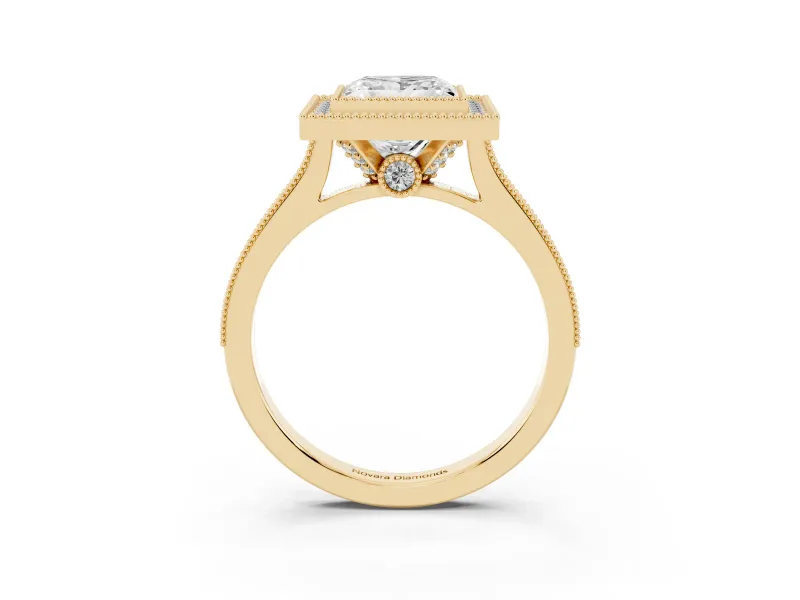 Princess Cut Vintage Milgrain Halo Engagement Ring Setting | Bezel Head | Yellow Gold