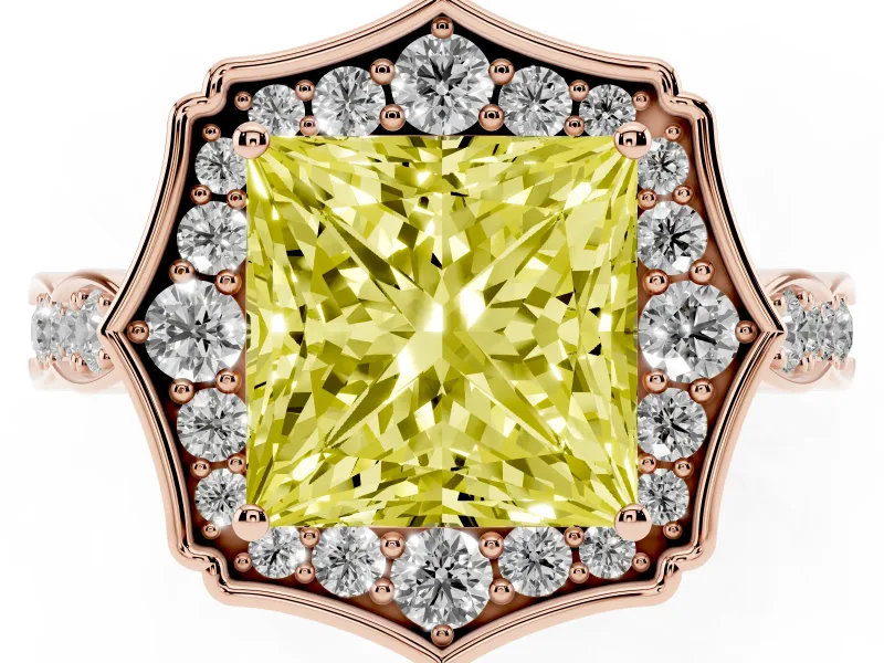 Princess Cut Vintage Scalloped Halo Engagement Ring Setting for a Fancy Yellow Lab-Grown Diamond | Pave Band | Rose Gold